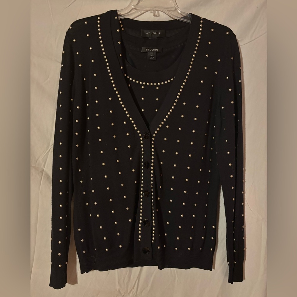 ST JOHN Ladies Rivited Black shell and cardigan set Premier Wool & Rayon Small